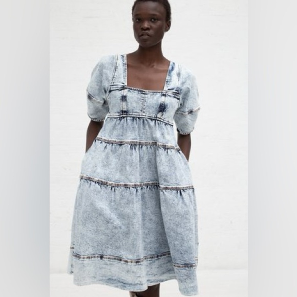 Ulla Johnson Acid Wash Blue Tiered Denim Devi  Dress